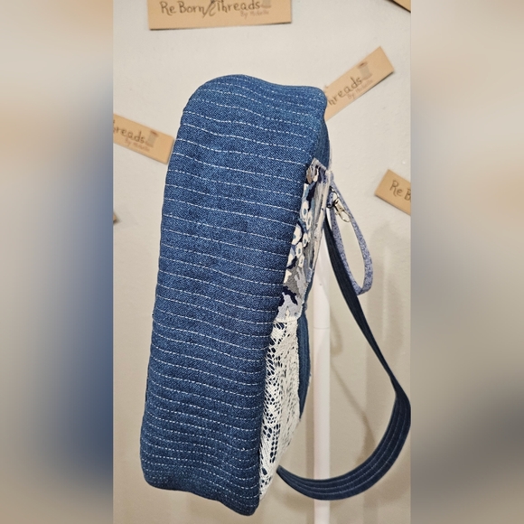 Handcrafted Blue Floral Shoulder Bag with Removable Strap - Picture 9 of 9